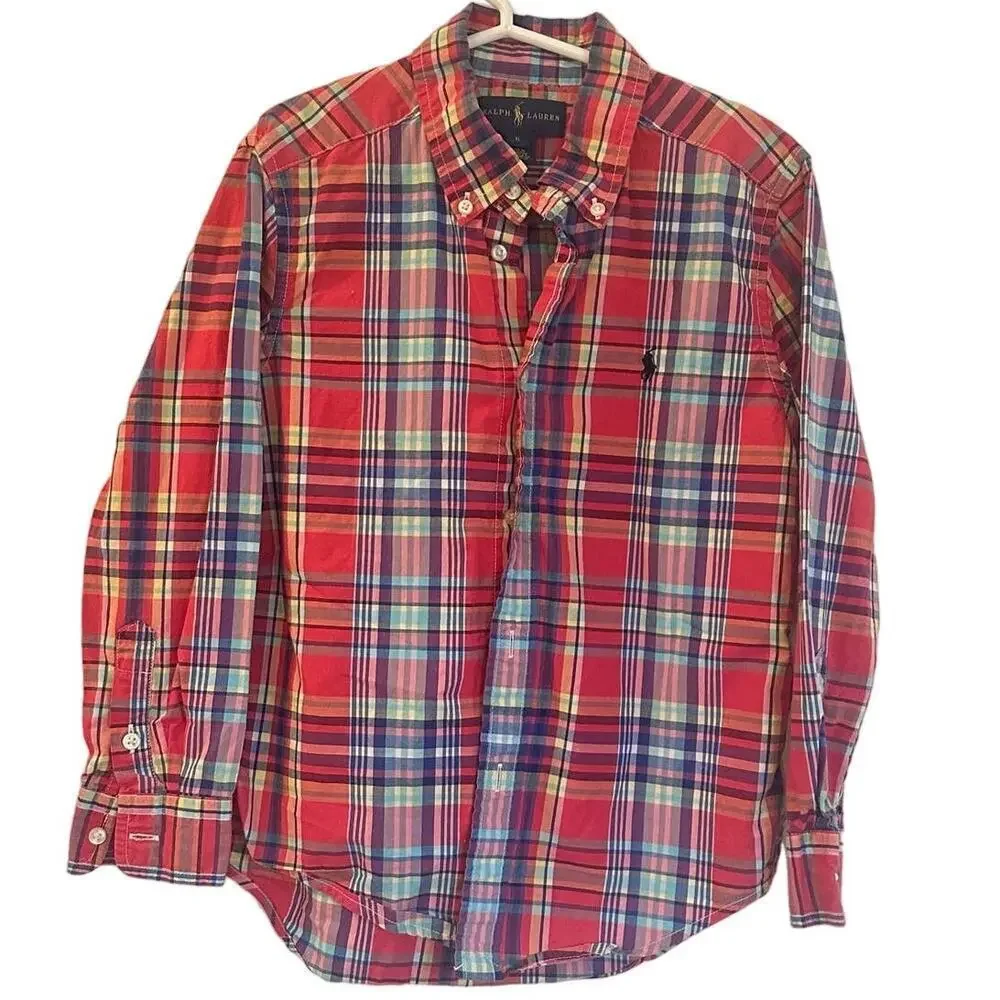Ralph Lauren Red Plaid button down shirt sz 6 Polo Pony Logo Madras Plaid Oxford